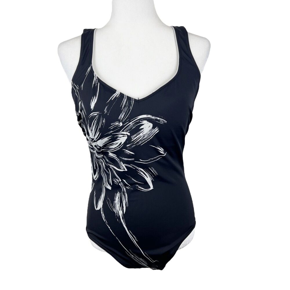 Vintage Christina One Piece Swim Suit Women 14D Black White Flower Beach Active